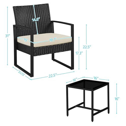 Yaheetech 3 Pieces Rattan Bistro Set, Outdoor Wicker Patio Modern Conversation Furniture, 2 Chairs & Tempered Glass Coffee Table for Garden, Balcony, Backyard, Poolside, Black/Beige - color: Black/Beige