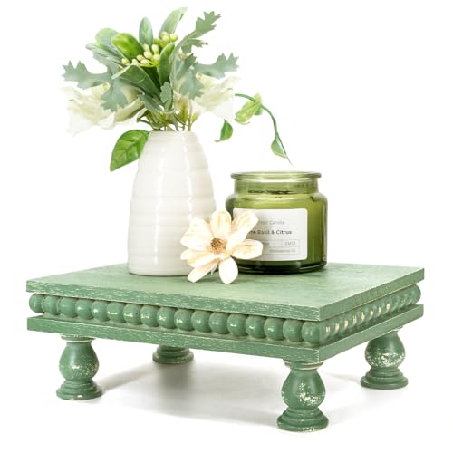 EOSAHR Wood Riser with Beaded: Pedestal Stand for Rustic Home Decor, Green | Pine Wood, Compact Design, Display Stand, Kitchen Soap Dispenser, Perfume Tray for Table, Apartment Essentials, Rustic Decor - color: Green