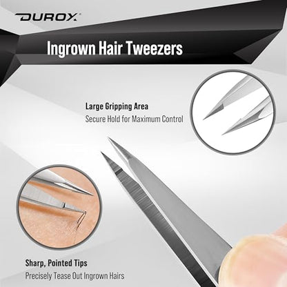 DUROX 3-Piece Tweezers Set for Ingrown Hair & Splinter Removal - 1. Pointed Ingrown Hair Tweezers, 2. Sharp Splinter & Sliver Remover, 3. Blunt Tip Facial & Chin Hair Tweezers, Stainless Steel, Pouch