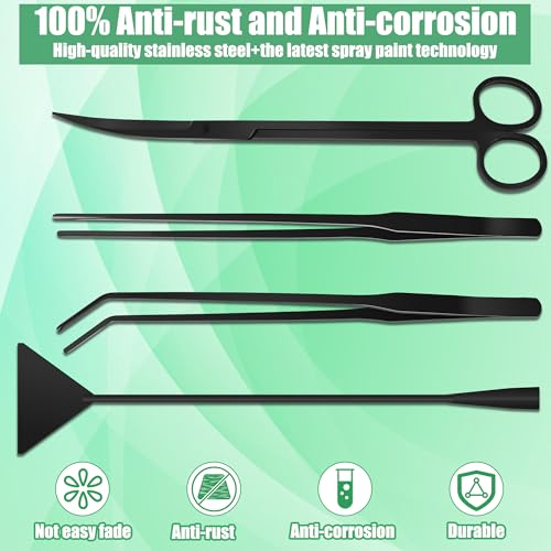 Aquarium Aquascape Tools Kit, 4 in 1 Anti-Rust Aquatic Plant Aquascaping Tool Stainless Steel Black Tweezers Scissors Spatula for Aquarium Tank Clean Fish Tank Aquascape Tools Sets (Black) - color: Black