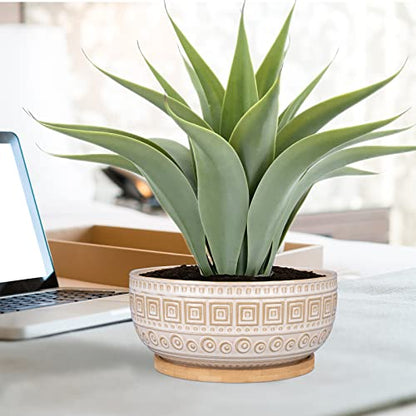 G EPGardening 8 Inch Ceramic Succulent Planter Pots for Indoor Plants Round Shallow Bonsai Planter Pot with Drainage and Bamboo Saucer White - color: White
