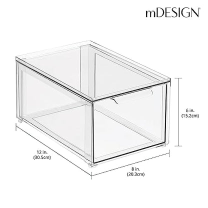 mDesign Plastic Stackable Bathroom Storage with Pull Out Bin Organizer Drawer for Cabinet, Vanity, Shelf, Cupboard, Cabinet, or Closet Organization - Lumiere Collection - 4 Pack - Clear - size: 8 x 12 x 6 (Pack of 4)