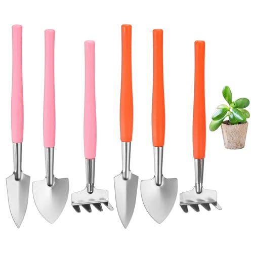 M METERXITY 2-Set Mini Gardening Tools, Stainless Steel Miniature Gardening Rake, Trowel, and Shovel for Seedlings/Bonsai/Succulents/Herbs/Terrariums and Planting [Orange/Pink] - color: Orange/Pink