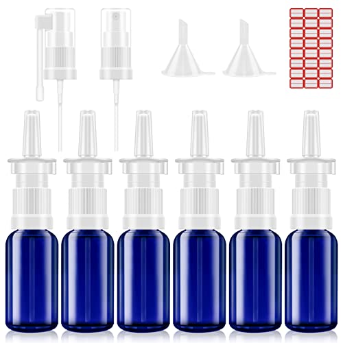 Nasal Spray Bottle, 6 Pcs 30ML/1oz Glass Refillable Continuous Fine Mister Spray Bottles, Small Empty Nasal Sprayer with Different Sprayers, Funnels, Travel Clips and Labels(Blue) - size: 6 PCS