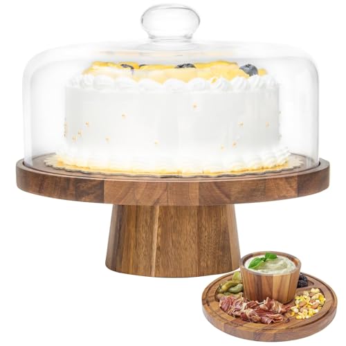 12-Inch Acacia Wood Cake Stand with Glass Lid | Round Cake Holder, 2-in-1 Dessert Table Display Set, Charcuterie Board for Cheese, Chips & Dips, Fruit Platter - color: Round Footed B
