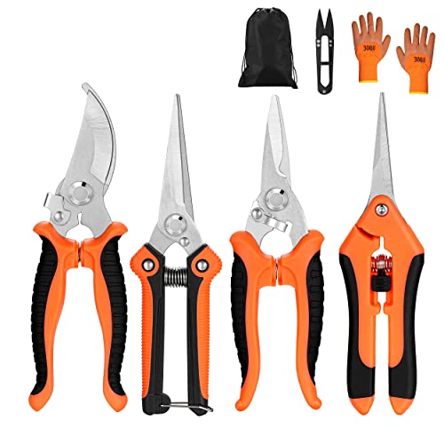 5 pack Garden Pruning Shears Stainless Steel Blades, Handheld Scissors Set with Gardening Gloves,Heavy Duty Garden Bypass Pruning Shears,Tree Trimmers Secateurs, Hand Pruner (Orange) - style: Orange and Black