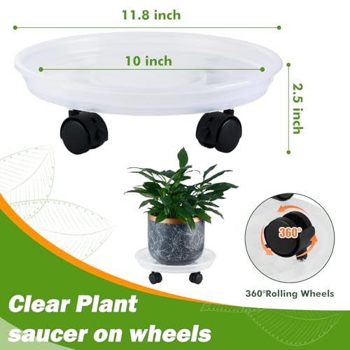 4 Packs Plant Caddy with Wheels 11.8" Plastic Rolling Plant Stands Heavy-duty Plant Dolly with Casters Indoor Outdoor Wheeled Plant Roller Base Large Planter Saucers Plant Mover - color: Clear white