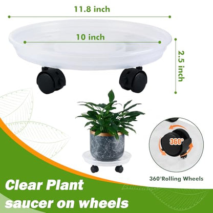 4 Packs Plant Caddy with Wheels 11.8" Plastic Rolling Plant Stands Heavy-duty Plant Dolly with Casters Indoor Outdoor Wheeled Plant Roller Base Large Planter Saucers Plant Mover - color: Clear white