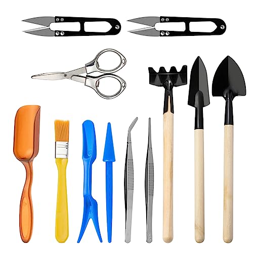 Andiker Mini Garden Tool Set, 12pcs Portable Gardening Hand Tools Set, Multiple Miniature Succulent Tools Set Easy to Carry for Seedlings, Bonsai, Succulents, Terrariums and Planting