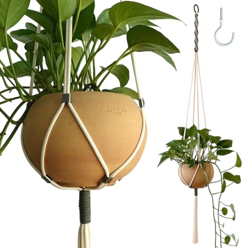 Macrame Plant Hanger Polyester Rope 42 Inch Outdoor Indoor Adjustable Hanging Planter for up to 10 Inch Plant Pot Modern Boho Home Decor (Ivory/Forest Green) - color: Ivory/ Forest Green