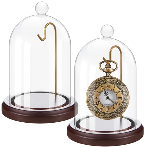 Beeveer 2 Pcs Brown Glass Display Dome 3'' X 5'', Cloche with Base Hooks | Clear Cloche with Wood Base Metal Hook, Pocket Watch Stand Holder, Medals Collectibles Display, Dad Gift Collector - color: Reddish Brown, size: 3" x 5", style: Heading Style
