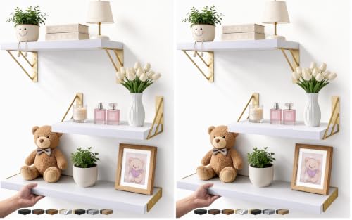 BAYKA Wall Shelves for Bedroom Decor, Floating Wall Shelves for Living Room Kitchen Storage, Wall Mounted Rustic Wood Shelves for Kids Books, Small Shelf for Bathroom(White and Gold，Set of 3) - color: B. White Board & Gold Brackets, size: 16-inch Mixed (P