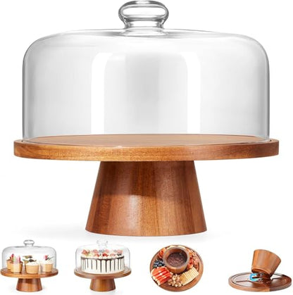 VIVIRBIEN Wooden Cake Stand with Lid: 11in Stand w/Magnetic Pedestal | Durable Glass Dome-Solid Acacia Holder-Multi-use for Dessert/Cupcake-Ideal for Kitchen/Birthday/Party/Decor/Charcuterie