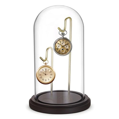 JUXYES Clear Glass Pocket Watch Display Dome Case with Base, 4x8 Inches | Clear Glass, Dust Proof, Bell Terrarium Jar with 2 Golden Hanging Hook, For Pocket Watch Collectors and Antique Enthusiasts - color: Gold/Dark Red