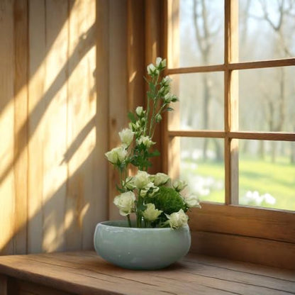 Ikebana Kit, Bowl, with 1.8in Floral Frog | Japanese Flower Vase, Ikebana Vase, Flower Frog Kit, for Hydroponic, Water Lotus Bowl, Japanese Floral Arrangement - color: Crackle Celadon