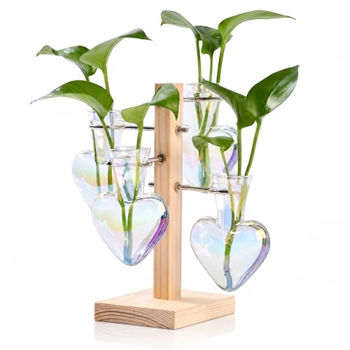 Plant Terrarium Propagation Stations: Clear Vase with Wooden Stand | 4 Irised Crystal Glass, Heart Shaped, Home Table Decor, Birthday Gifts for Plant Lovers Women Mom Wife - color: White