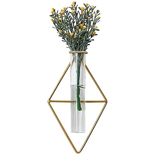 yaooral Luxury Nordic Hanging Wall Mounted Gold Flower Vase | Metal Frame Glass Tube/Minimalist/Cute Exquisit Pretty/Geometric Hydroponic Bud Vase Decor for Wall Home Wedding Farmhouse - style: rhombus