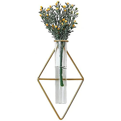 yaooral Luxury Nordic Hanging Wall Mounted Gold Flower Vase | Metal Frame Glass Tube/Minimalist/Cute Exquisit Pretty/Geometric Hydroponic Bud Vase Decor for Wall Home Wedding Farmhouse - style: rhombus