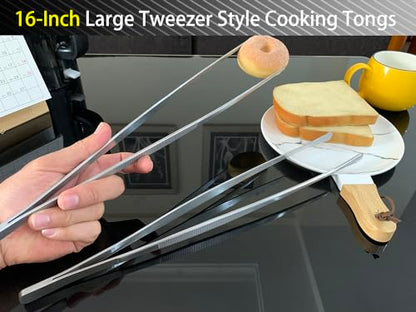 JETKONG 2 Pcs 16'' Tweezer Tongs, Extra Large Food Tweezers, Extra Long Kitchen Tweezers for Cooking Repairing and BBQ (16-Inch, Silver) - color: Silver, size: 16+16inch