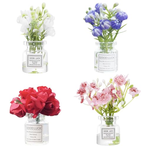 Set of 4 Cute Mini Rose Flower Vase Car Dashboard Decorations Self-Adhesive Mini Vase with Artificial Flowers Ornaments Car Interior Accessories,Jasmine+Cherry Blossom+Rose+Lavender - color: Jasmine+cherry Blossom+rose+lavender