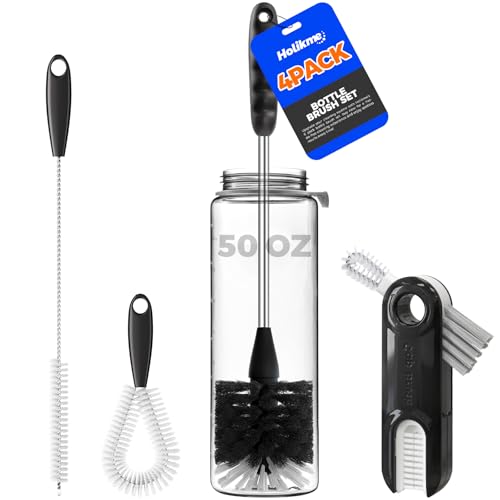 Holikme 4 Pack Bottle Brush 14.5" Long Handle Stainless Steel Brush,Black | Straw Brushes, Cup Cleaner Brush, 3-in-1 Bottle Cleaning Brush for Water Bottle, Straw Cleaner Brush, Straws - color: Black