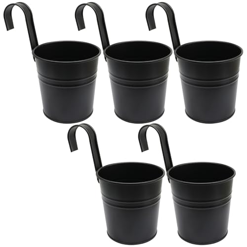 5 Pcs Hanging Flower Pots, 4 Inch, Metal Buckets, Black | Removable Hooks, Drainage Holes, For Wall, Fence, Balcony, Patio Home Decor - size: 4 Inch