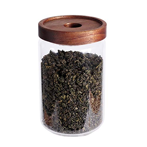 LEAVES AND TREES Y Glass Tea Canister, 25 FL OZ/ 750ml Bulk Food Storage Jar with Airtight Acacia Lid, Glass Food Container for Loose Leaf Tea, Coffee Bean(6 inch high) - color: Clear Glass - Acacia Lid