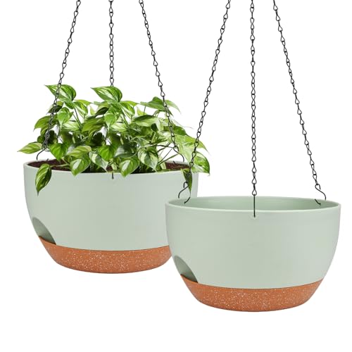 Self Watering Hanging Planters 2 Pcs,12Inch Hanging Basket for Plants,Green | Hanging Planters for Indoor Outdoor Plants Garden Home Decoration with Chains, Drainage Holes, Water Reservoir - color: Green, size: 12 Inch