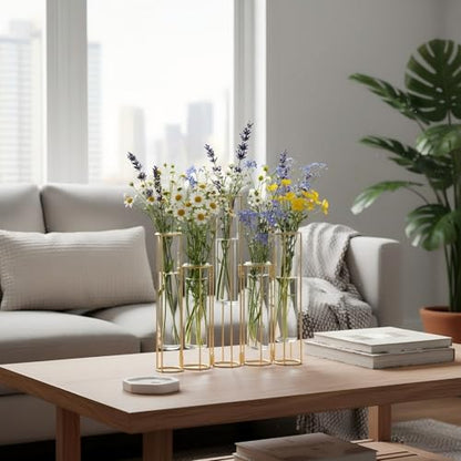 Gold Vases for Centerpieces, Test Tube Flower Vase with 5 Test Tubes, Gold Flower Vase with Metal Stand Racks Hydroponic, Glass Hinged Propagation Plant Vase for Wedding Table Home Decor
