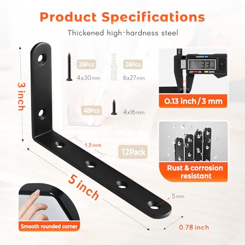 WINKER Corner Brace 12Pcs Shelf Bracket Heavy Duty Black Steel L Corner Brace, Decorative Joint Angle Bracket for Shelf 5 InchX3 Inch Shelves Wall Hanging Bracket with Screws5 InchX3 Inch(12PCS)) - size: 5"Lx3"Wx0.78"W, style: Black-12 Pack