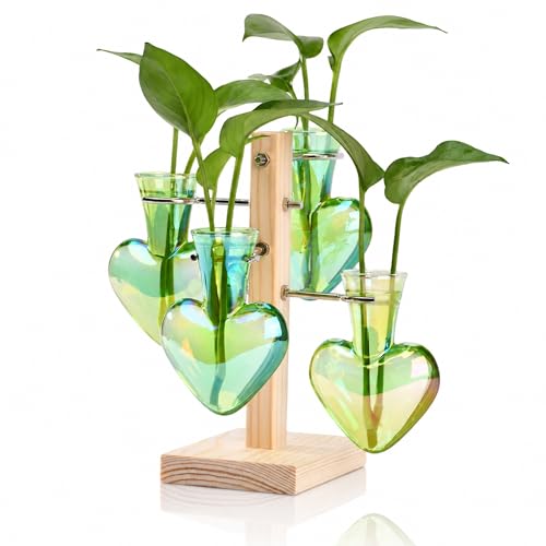Plant Terrarium Propagation Stations: Green Vase with Wooden Stand | 4 Irised Crystal Glass, Heart Shaped, Home Table Decor, Birthday Gifts for Plant Lovers Women Mom Wife - color: Green