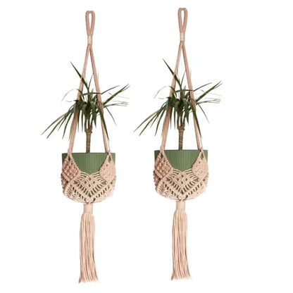 2 Pack Macrame Hanging Planters, Caramel | With Patterns, Crochet Boho Style, Plant Holder Hanging Basket, Up to 6 Inch Pots - color: Caramel