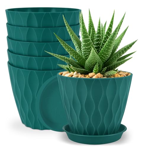 YNNICO 6 inch Plant Pots, 6 Pack Flower Pots Outdoor Indoor, Planters with Drainage Hole and Tray Saucer-Blue - color: Blue, size: 6 inch-6 pack