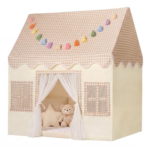 Kids Play Tent Indoor: with Mat, Tassel Garland - Large Brown Kids Tent Indoor Playhouse for Kids Toys for Boy Girl Birthday Gift - color: Brown Checkered, size: Large