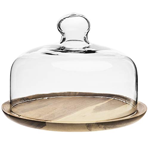 MyGift 7.5 Inch Glass Cloche Dome Dessert Tray with Acacia Wood Base | Acacia Wood Platform, Clear Cover, Dessert Presentation, Cupcake Display, Cheese Serving, Party Entertaining Accessory - size: 8"