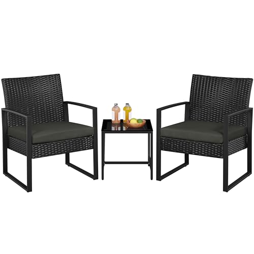 Yaheetech 3 Pieces Rattan Bistro Set, Indoor/Outdoor Wicker Patio Modern Conversation Furniture, 2 Chairs & Tempered Glass Coffee Table for Garden, Balcony, Backyard, Poolside, Black/Gray - color: Black/Gray