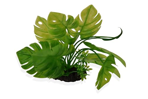 YAKCAM Driftwood Reptile Hide Cave, Aquarium Hideout w/Monstera 10.5x2.5 | Also Ideal for Amphibians & Lizards | Hollow Log Design | Life-Like 7" Monstera Plant | Terrarium Decor