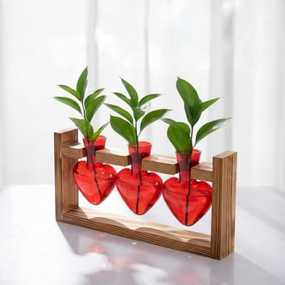 Remerry Red Heart Plant Terrarium with Wooden Stand 3 Heart Glass Vases Planter, Tabletop Propagation Hydroponics Station, Mother's Day Plant Lovers Gift - color: Red, size: 3 Heart Vases, style: Red Heart
