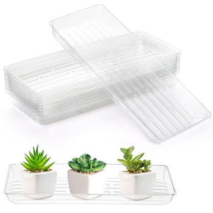 Kingrol 16 Pack Clear Rectangular Plant Saucers, Thick Plastic Drip Trays for Indoor Plants, Windowsill Plant Trays for Pots, Narrow Planters and Seedlings