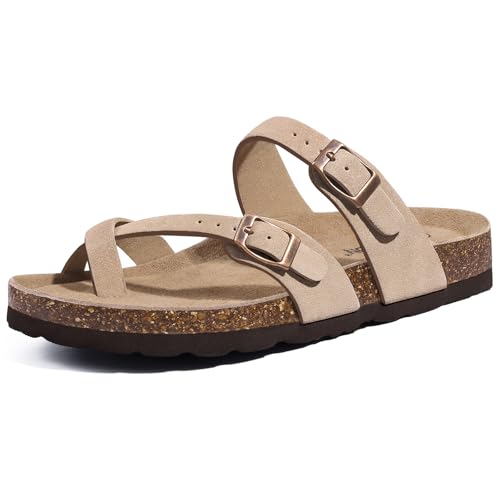 Litfun Women's Cork Footbed Sandals Comfortable Leather Summer Slides | Toe Loop, Arch Support, Slip On, Adjustable Buckle, Non-slip Rubber Sole, Comfy, Cushioned, Fashion, Casual - color: Apricot, size: 7.5
