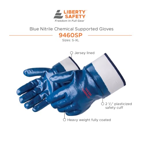Liberty Glove & Safety 9460SP Fully Coated Nitrile Gloves with 2-1/2" Safety Cuff, Jersey Lined, Abrasion-Resistant Grip, Industrial Work Gloves | Blue, Medium, Pack of 12 - size: Medium (Pack of 12)
