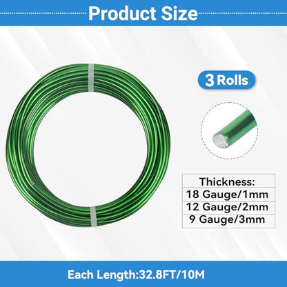 3 Rolls Aluminum Craft Wire Kit with Side Cutter Pliers, Multi-Size [18/12/9] Gauge, Flexible Metal Wire Set for Jewelry Making, Bonsai and Sculpting (98.4 Ft Total, 32.8 Ft/Roll, Green) - size: 3 Gauges Set 32.8Ft Each, style: Green