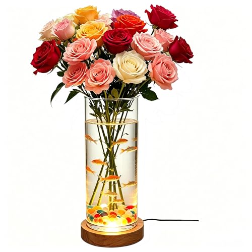 Glass Cylinder Vase with LED Wooden Base, Clear, 7.9 Inch | Warm Light, Light Up Terrarium, For Dried Flowers, Pampas Grass, Home Decor Gift - color: Transparent Glass