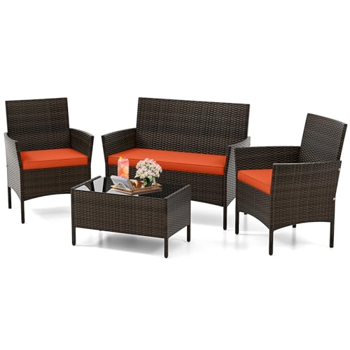 KOTEK 4 Piece Patio Furniture Set, Outdoor Rattan Conversation Set with Loveseat, Wicker Chairs, Tempered Glass Coffee Table, Wicker Patio Set for Backyard, Porch (Orange) - color: Orange
