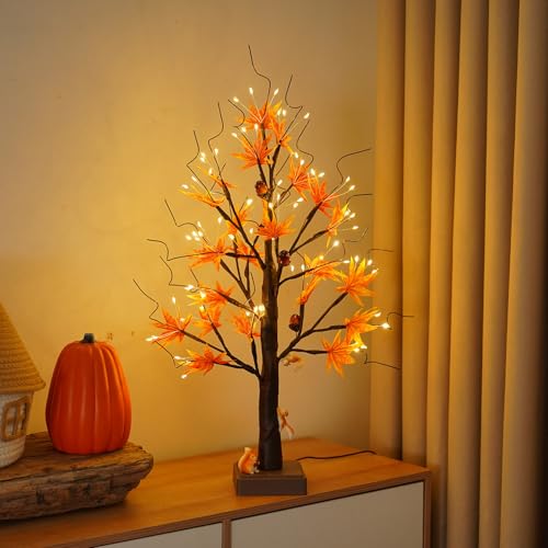 24 Inch 72 LED Fall Decorations for Home,Birch Tree Lighted with Timer - color: Brown-warm White, size: 2ft