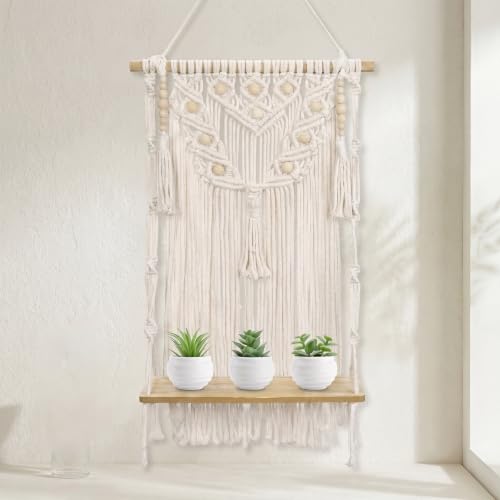 Briful Macrame Hanging Shelf, Wall Hanging Floating Shelf | with 13.78" x 5.12" Real Wood Board, Boho Wall Decor Hanging Planter Display Rack for Bedroom Living Room Kitchen, 15.75" Top Dowel Width - color: White