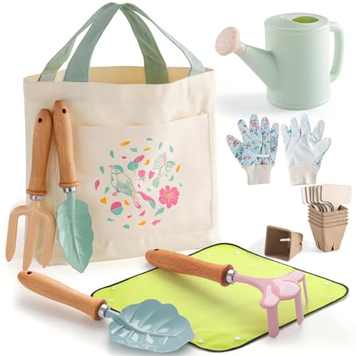 Kids Gardening Set,Toddler Garden Kit Gift for Kids Age 3-7 | 9-in-1 Outdoor Toys with Tote Bag, Repotting Mat, Metal Tools, Watering Can & Gloves For Garden Educational Learning