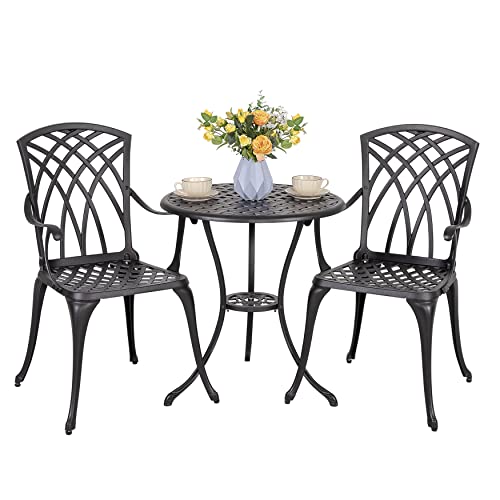 NUU GARDEN 3 Piece Patio Bistro Set, Cast Aluminum Patio Bistro Table and Chairs Set of 2 with Umbrella Hole, Outdoor Bistro Set for Patio or Backyard, Black - color: No Cushion