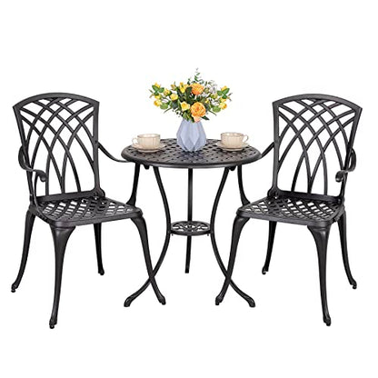 NUU GARDEN 3 Piece Patio Bistro Set, Cast Aluminum Patio Bistro Table and Chairs Set of 2 with Umbrella Hole, Outdoor Bistro Set for Patio or Backyard, Black - color: No Cushion