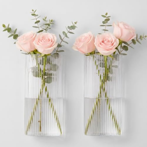 Wall Vase Set of 2, Hanging Glass Vase for Flowers, Clear Ribbed Glass Vases for Indoor Walls, Wall Flower Vases for Living Room, Bedroom, Hallway, Bathroom - color: Clear